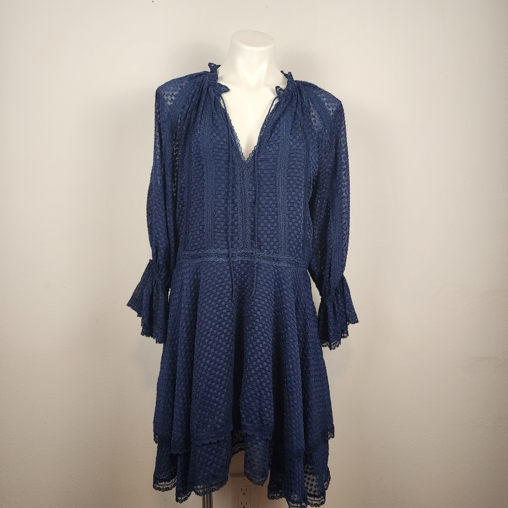 Alice &‎ Olivia Joanne Tiered Lace-Trimmed Chiffon Navy Blue Dress Women's 8